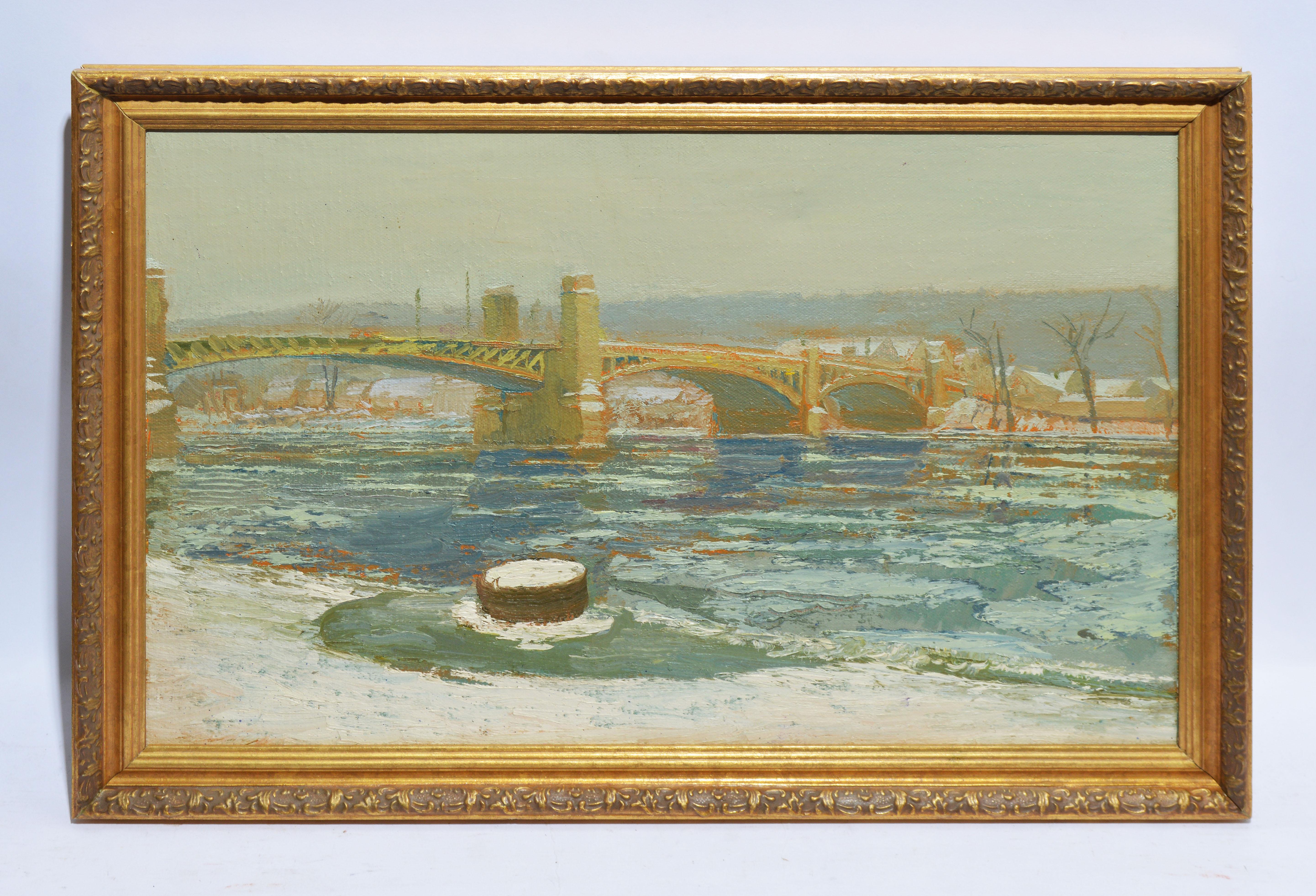 Winter Impressionist Landscape Oil Painting by Harry Orlyk, Green Island Bridge 1