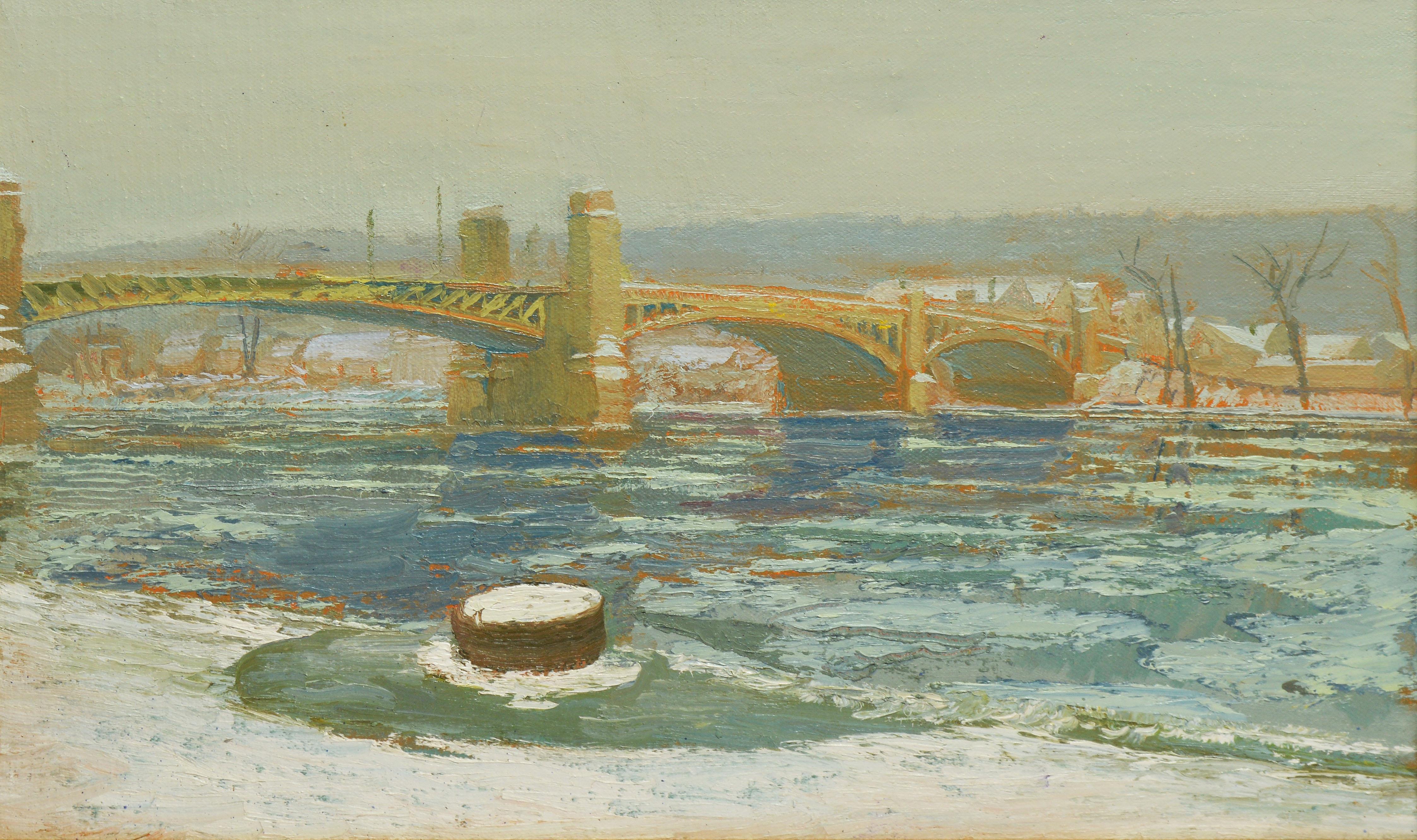 Winter Impressionist Landscape Oil Painting by Harry Orlyk, Green Island Bridge 2