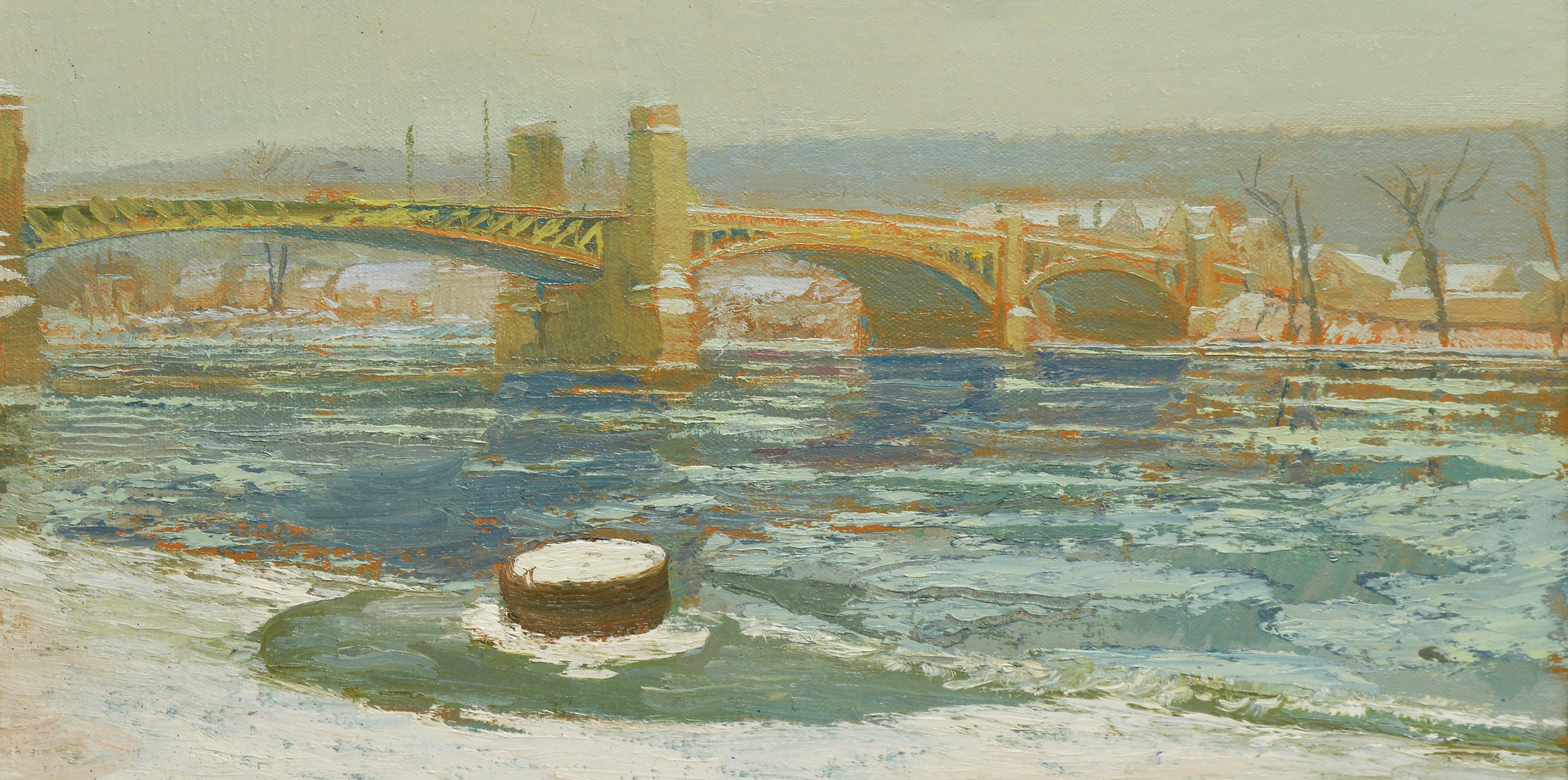 Winter Impressionist Landscape Oil Painting by Harry Orlyk, Green Island Bridge 3