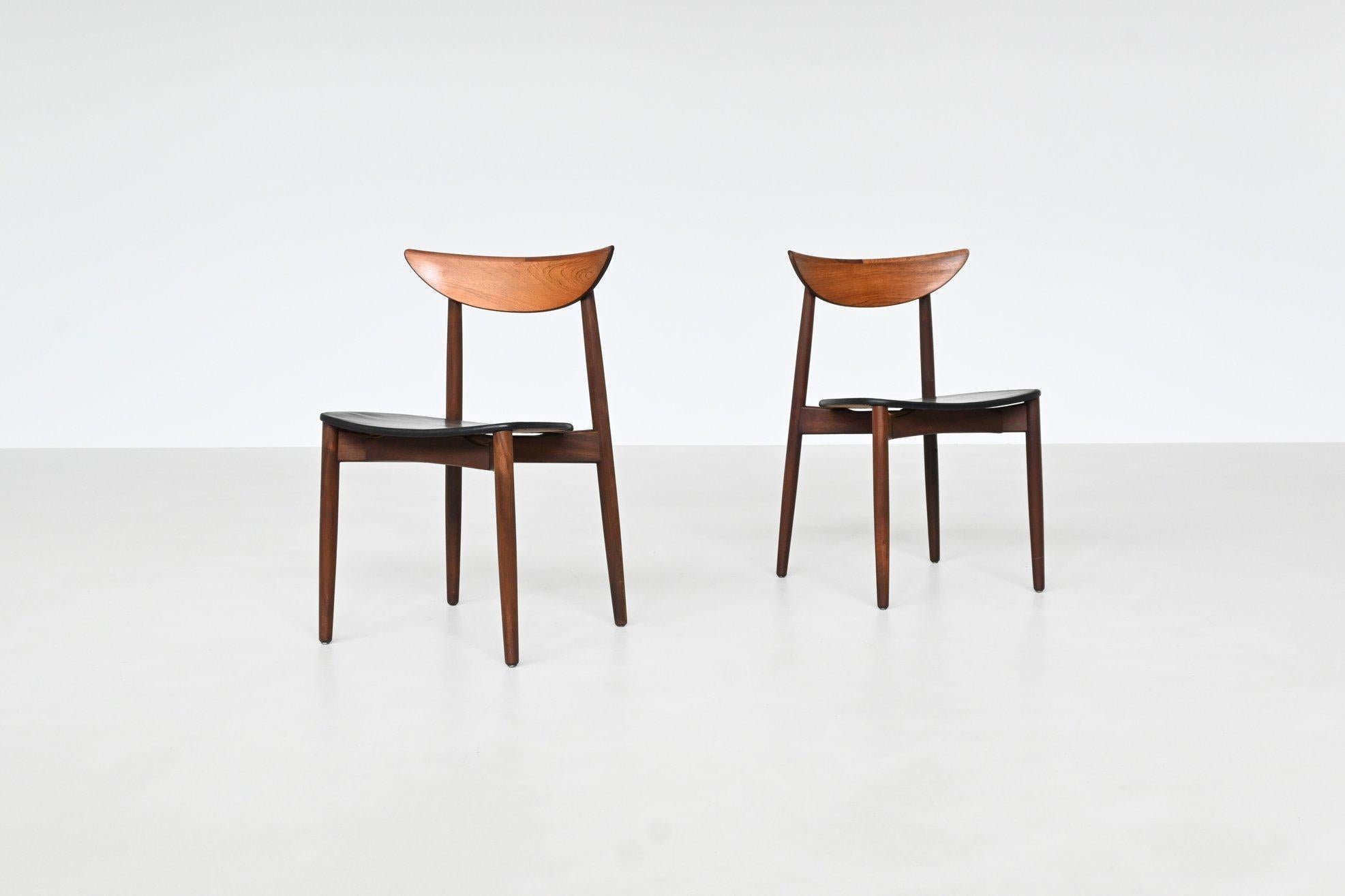 Refined pair of dining chairs designed by Harry Østergaard and produced by Randers Møbelfabrik, Denmark 1960. This set embodies the graceful elegance of Danish modern design. Crafted from richly grained rosewood, the frames feature Østergaard’s