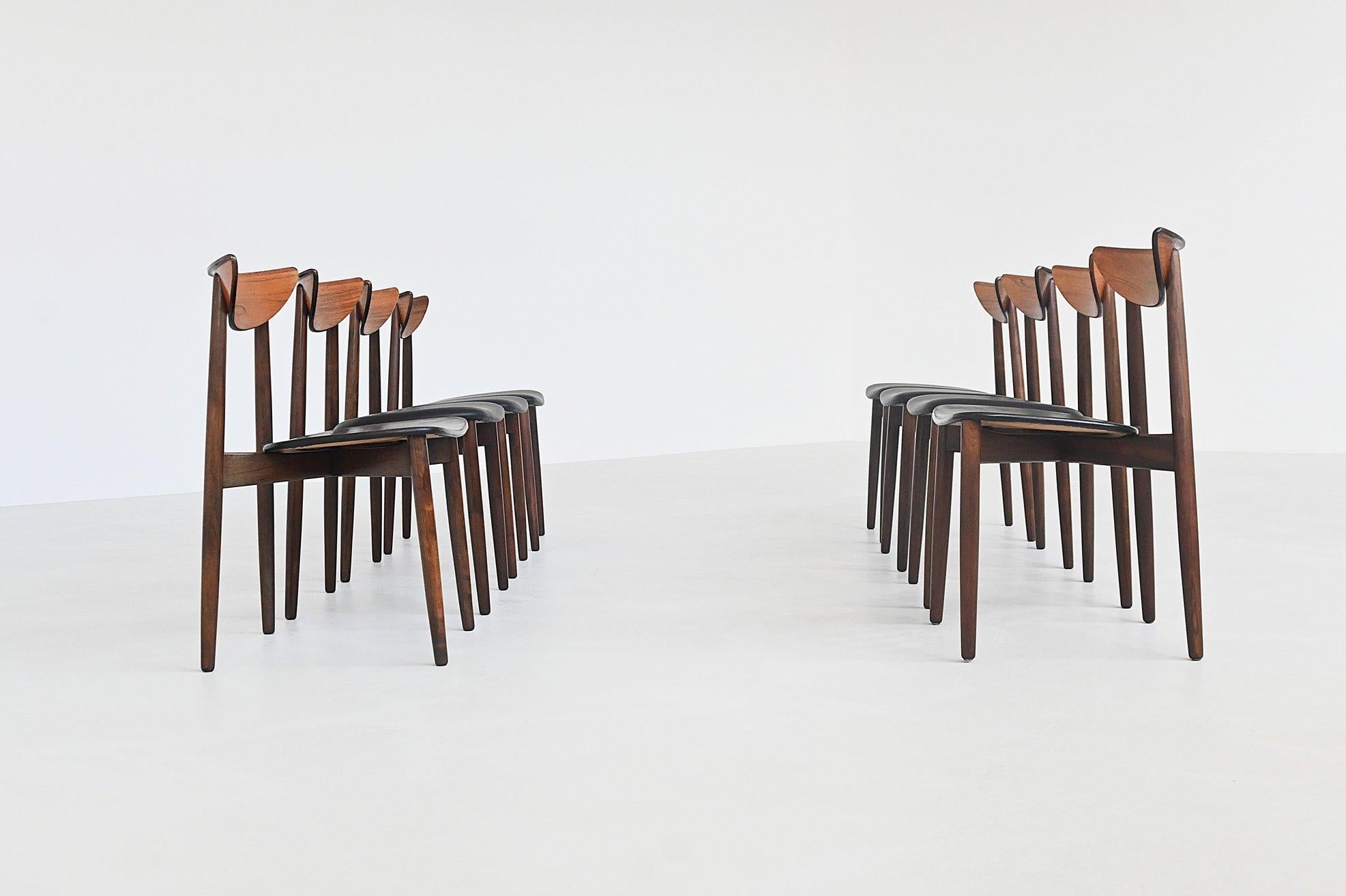 Scandinave moderne Harry Ostergaard set de huit chaises de salle à manger en bois de rose Randers Danemark 1960 en vente