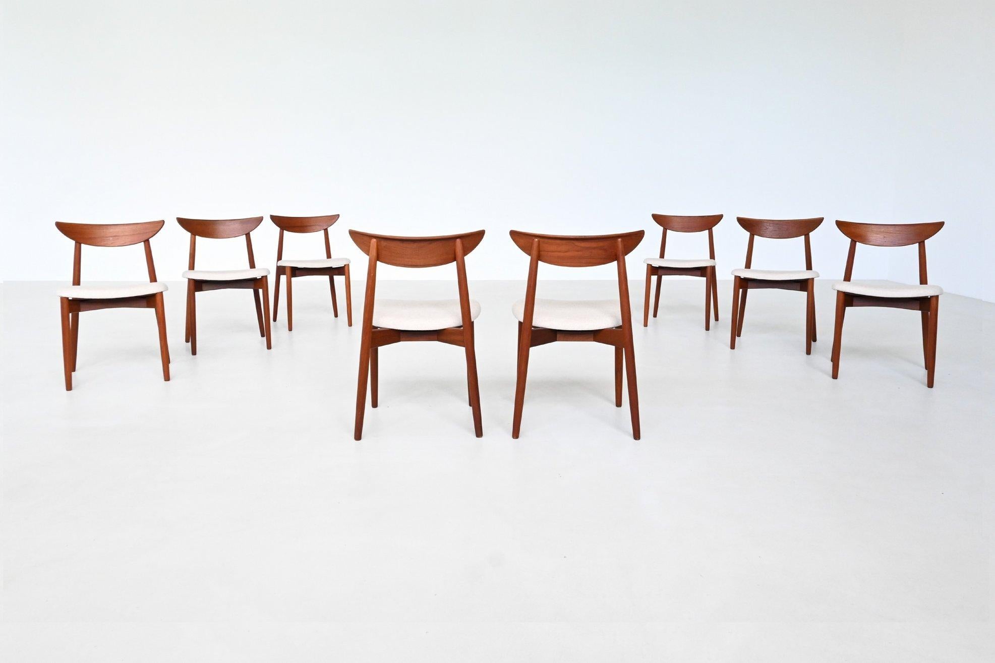 Elegant set of eight dining chairs designed by Harry Østergaard for Randers Møbelfabrik, Denmark, 1960. These sculptural chairs reflect the best of Danish modern design, with refined silhouettes and beautifully crafted joinery.

The frames are made