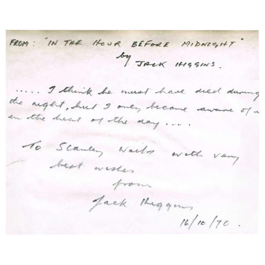 Note en papier signée Harry Patterson/Jack Higgins, 1970