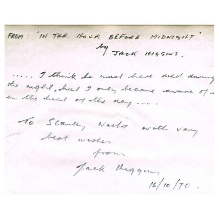 20th Century Harry Patterson/Jack Higgins 1970 Autographed Paper Note For Sale