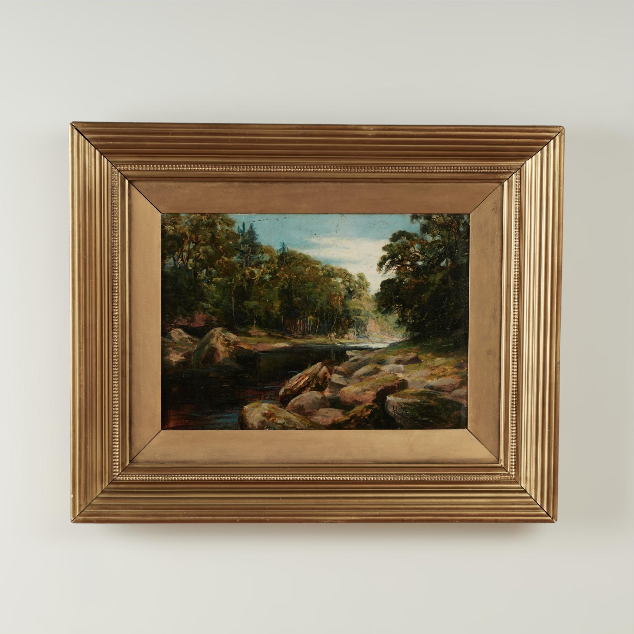 Impressive oil painting on board of the Esk river, executed in an impressionist style, with trees and rocks on a sunny day in Gilnockie Scotland. Signed by prolific English artist H. Phelan Gibb 1904 and presented in a gold tone wood frame.