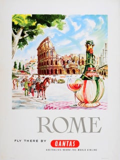 Original Vintage Travel Advertising Poster Rome Italy Fly Qantas Harry Rogers