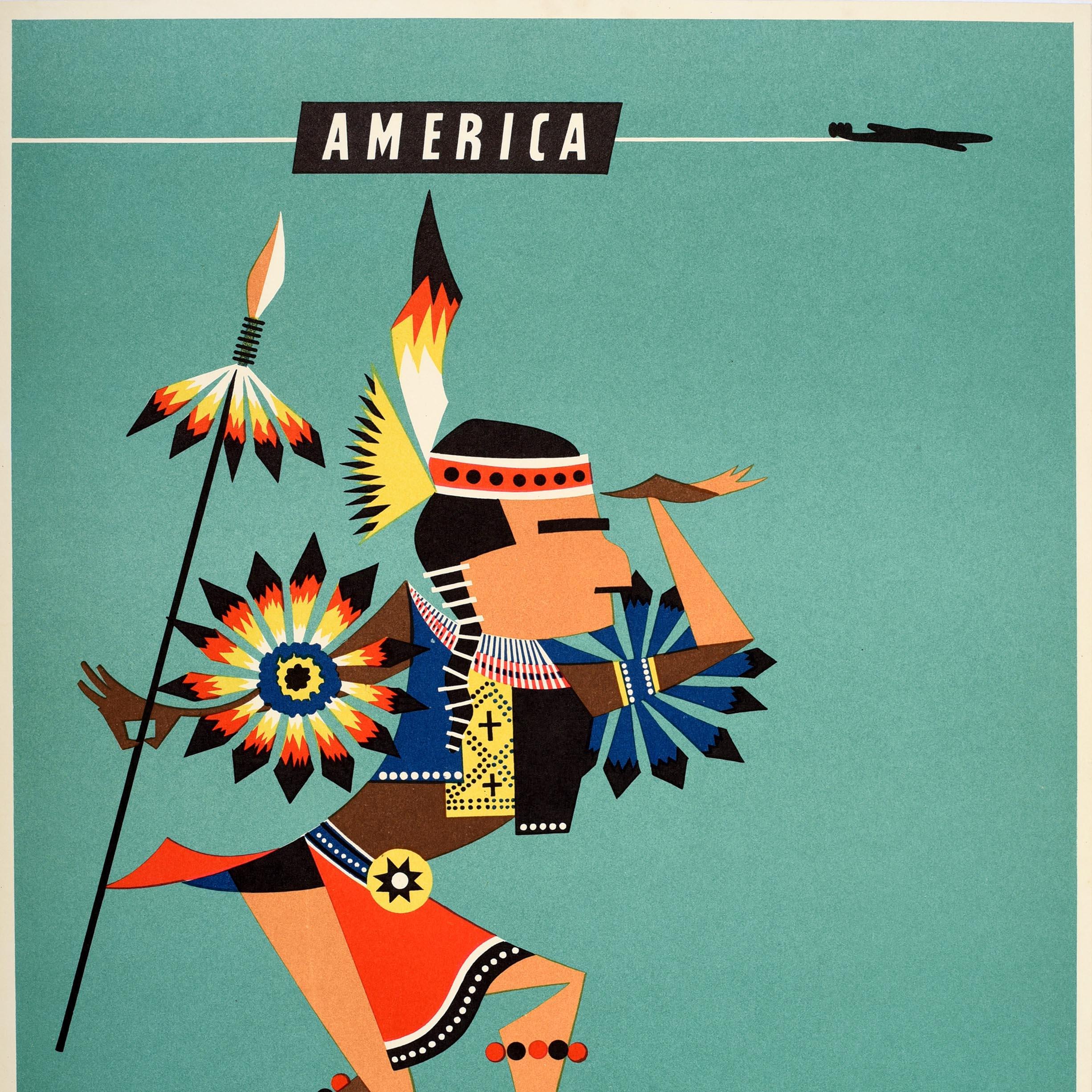 Original vintage travel poster for America issued by Qantas Australia's Overseas Airline in association with BOAC (British Overseas Airways Corporation), TEAL (Tasman Empire Airways Limited) and SAA (South African Airways) featuring a fun and