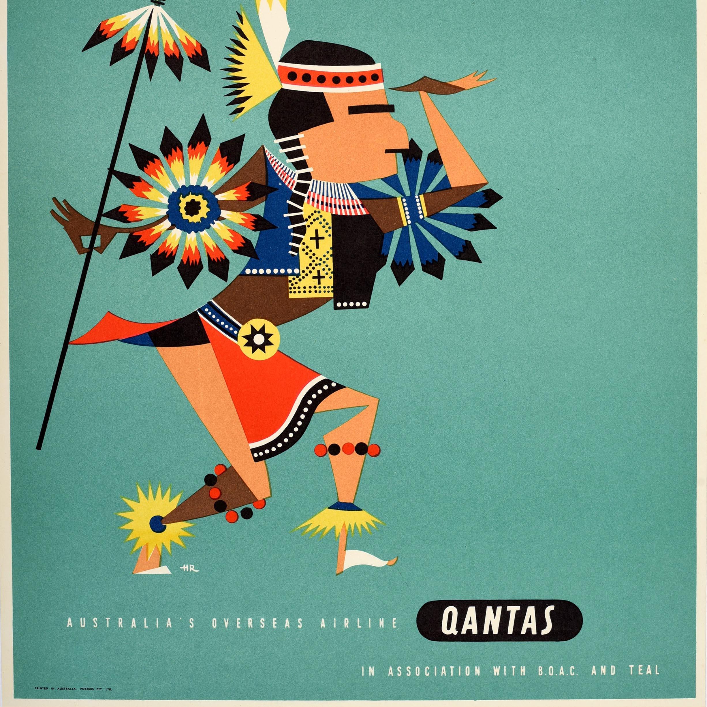 Original Vintage Travel Poster America Qantas Native American Harry Rogers Plane For Sale 1