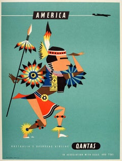 Original Retro Travel Poster America Qantas Native American Harry Rogers Plane
