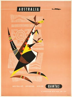 Affiche de voyage originale d'Australie Qantas Overseas Airline Kangourou