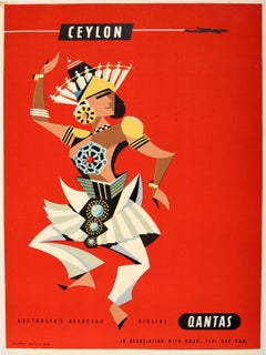 Original Retro Travel Poster Ceylon Qantas Airline Dancer Harry Rogers Design