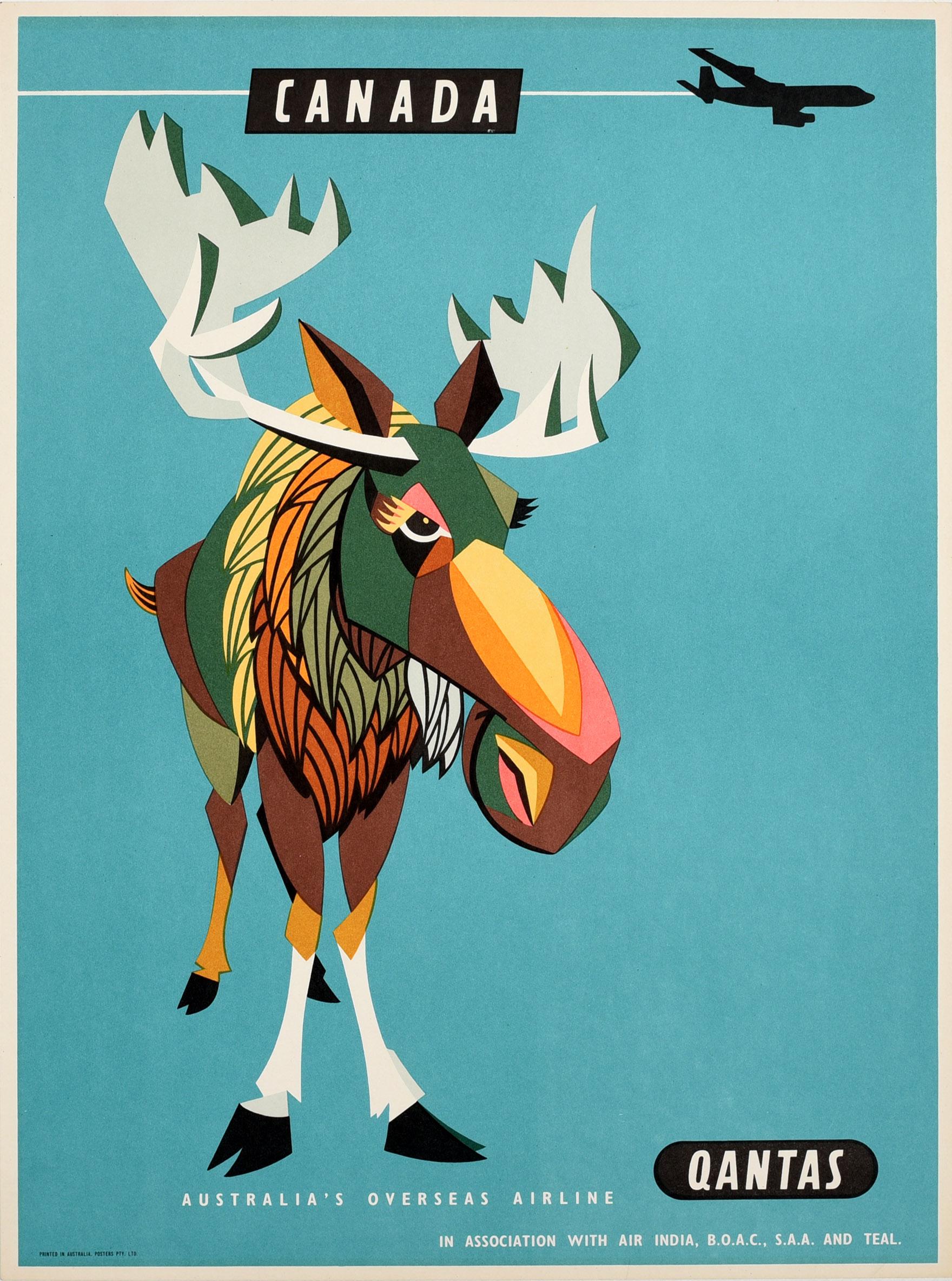 Harry Rogers Print - Original Vintage Travel Poster For Canada Qantas Air India BOAC TEAL SAA Moose
