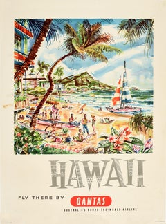 Original Vintage Travel Poster Hawaii Fly There von Qantas Waikiki Beach Segeln