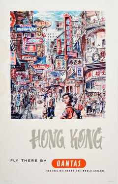 Affiche rétro originale de voyage Qantas pour Hong Kong, Harry Rogers Australian Airline