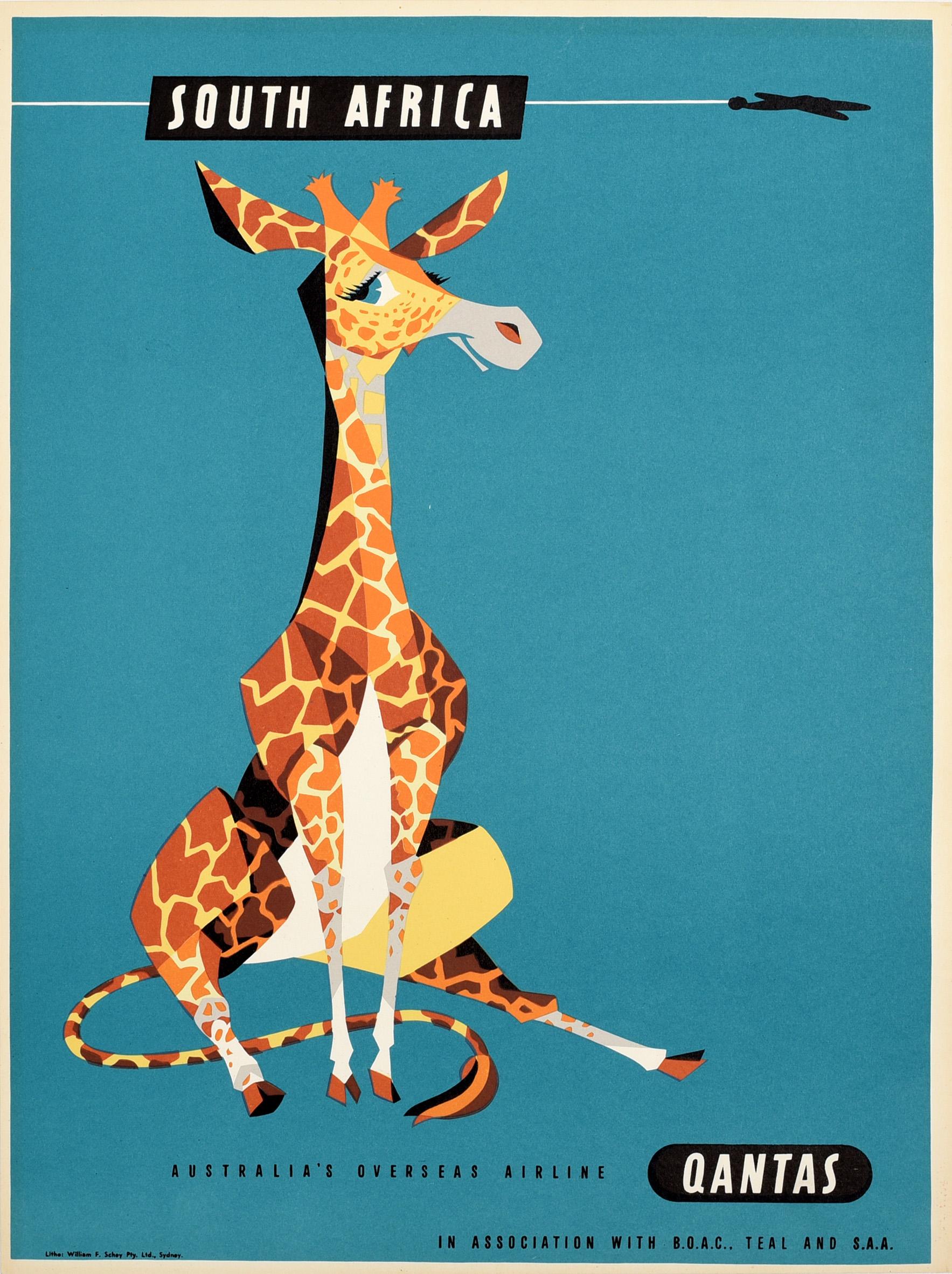 Harry Rogers Print - Original Vintage Travel Poster South Africa Qantas Airline BOAC TEAL SAA Giraffe