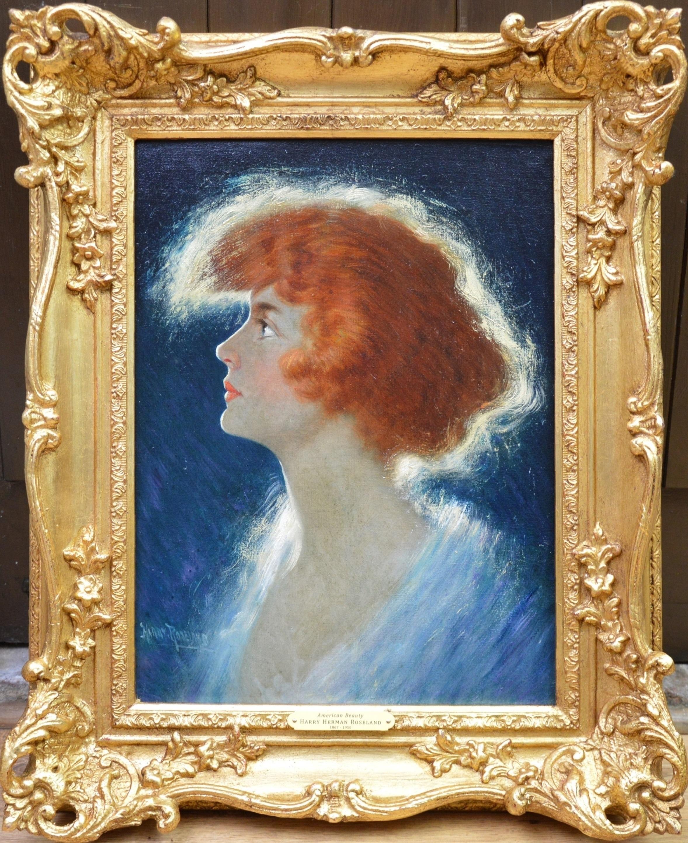 Harry Roseland Figurative Painting - American Beauty - Belle Epoque Oil Painting Portrait of Glamorous Redhead