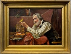 Antique “His Last Friend, c. 1900” by Harry Roseland Old Man & Bird American Genre Scene