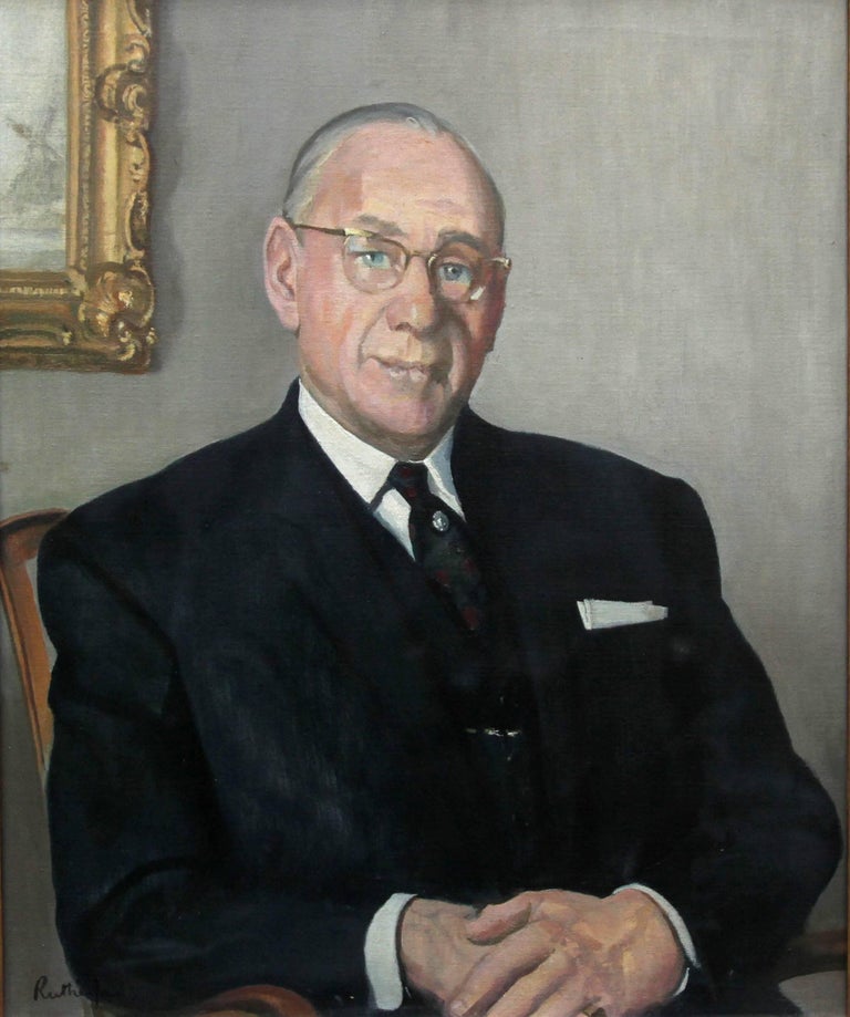 Portrait of a Gentleman - British oil painting interior seated suited man  - Painting by Harry Rutherford