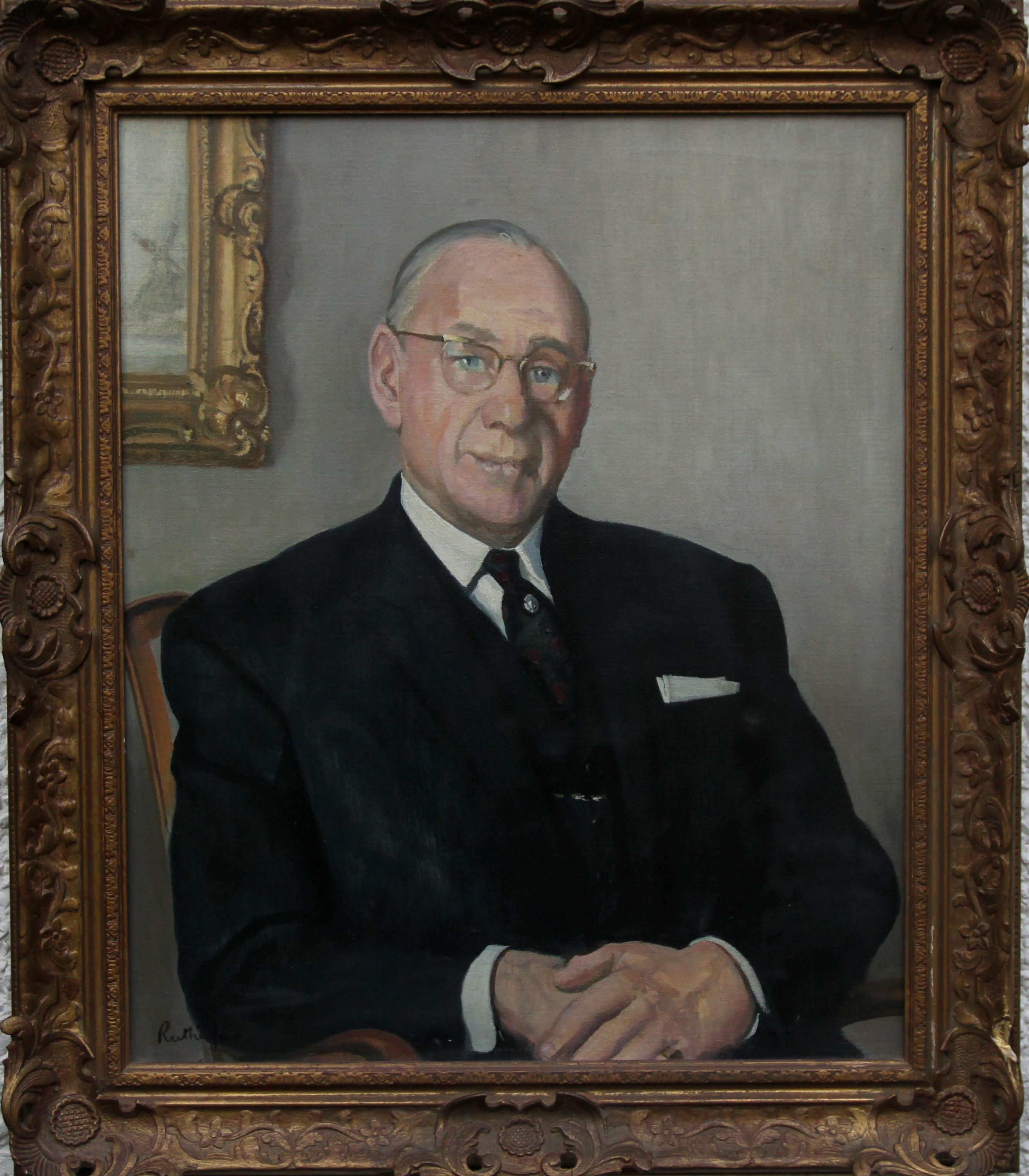 Retrato de caballero - Pintura al óleo británica interior hombre trajeado sentado en venta 3