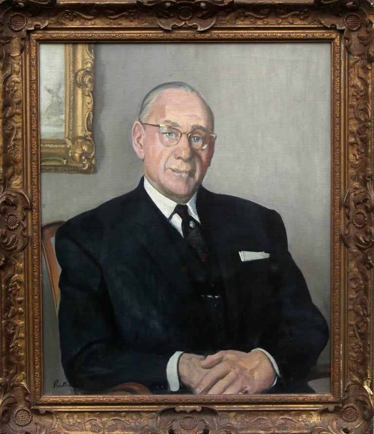 Harry Rutherford Portrait Painting - Portrait of a Gentleman - British oil painting interior seated suited man 