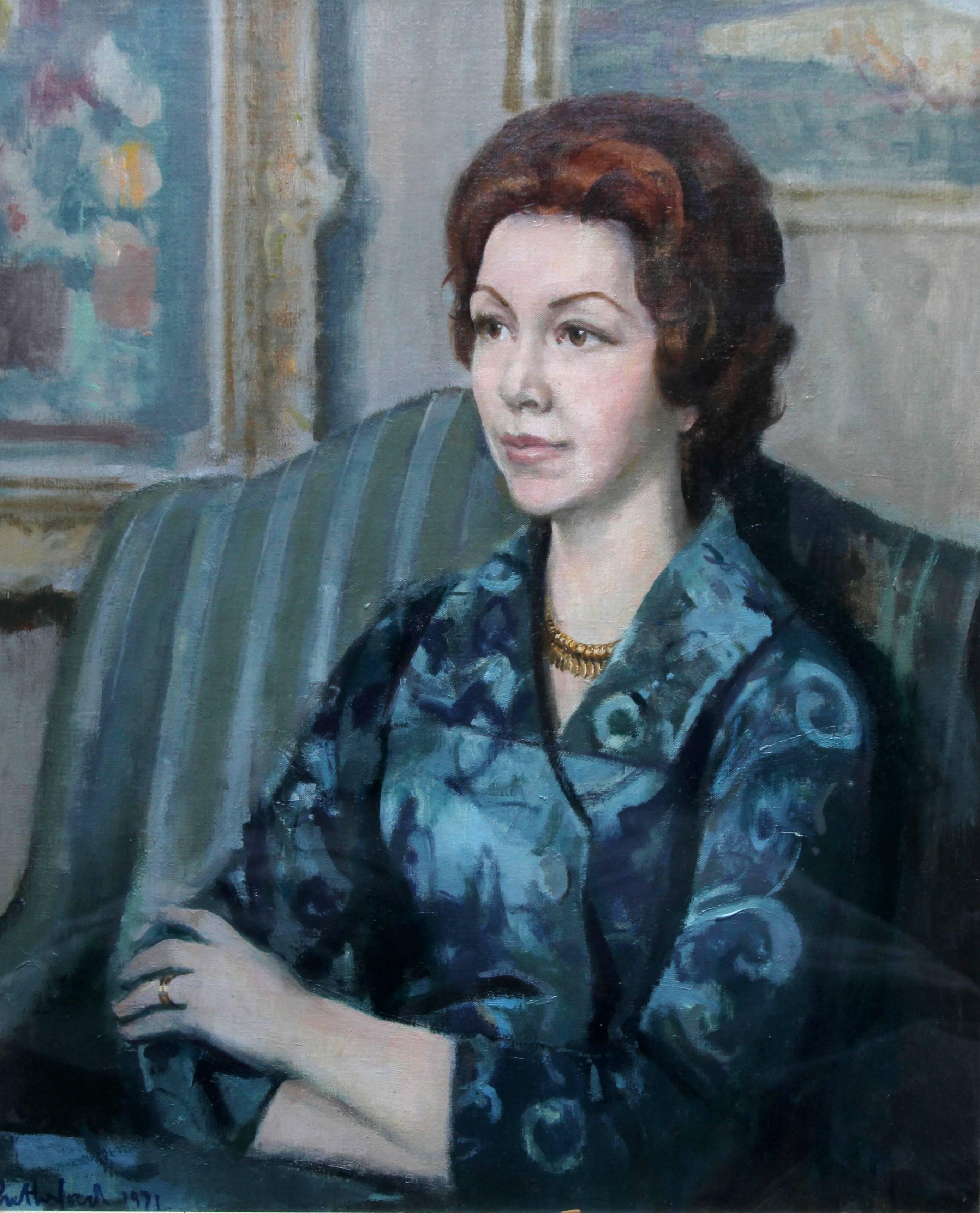 Portrait of a Lady in Blue - British 20thC art oil painting living room interior - Painting by Harry Rutherford