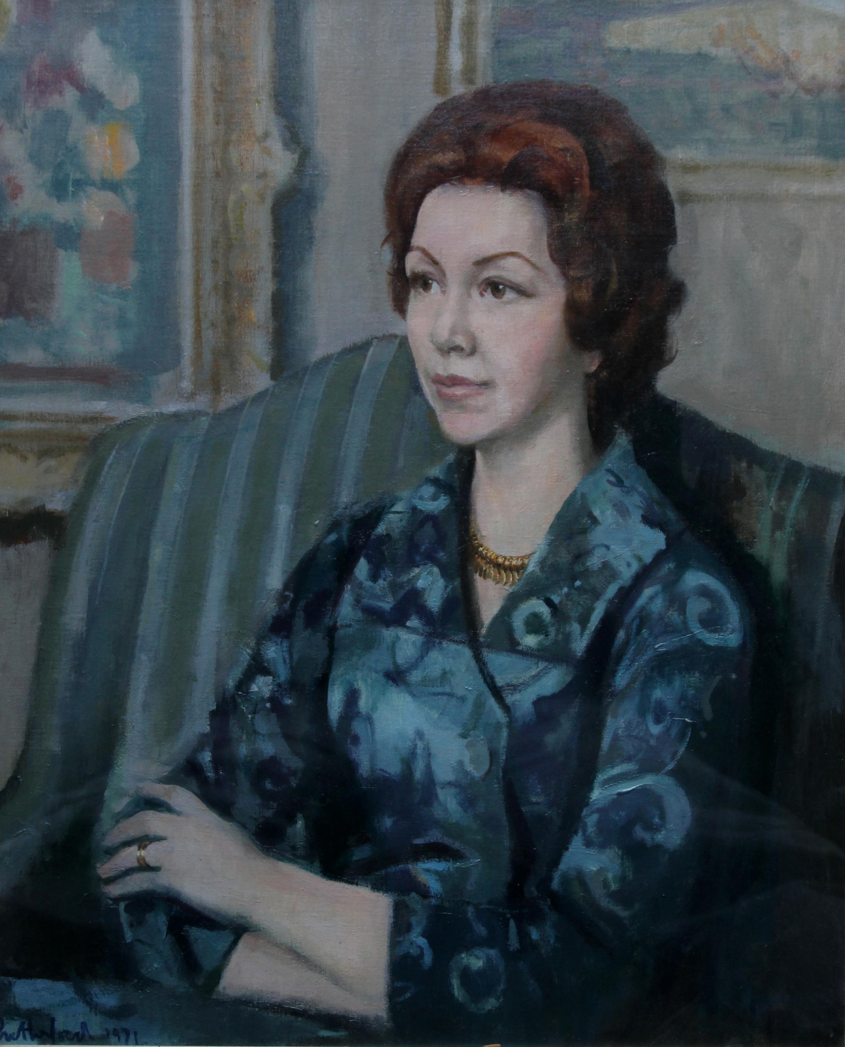 Portrait of a Lady in Blue - British 20thC art oil painting living room interior For Sale 3