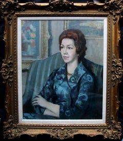 Portrait of a Lady in Blue - British 20thC art oil painting living room interior