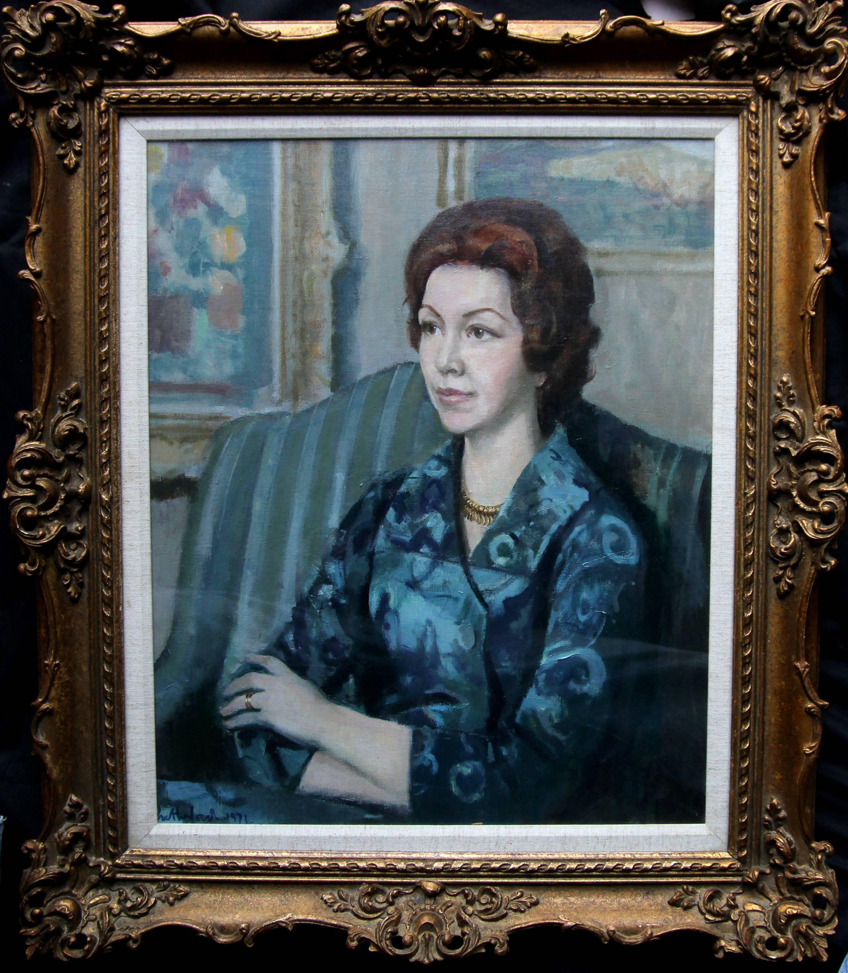 Harry Rutherford Interior Painting - Portrait of a Lady in Blue - British 20thC art oil painting living room interior