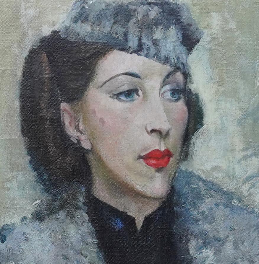 This striking British Post Impressionist portrait oil painting is by noted Manchester artist Harry Rutherford. Painted circa 1940, the portrait is of a dark haired young woman in a fluffy grey wool coat and hat, gloves in her hands. She is seated on