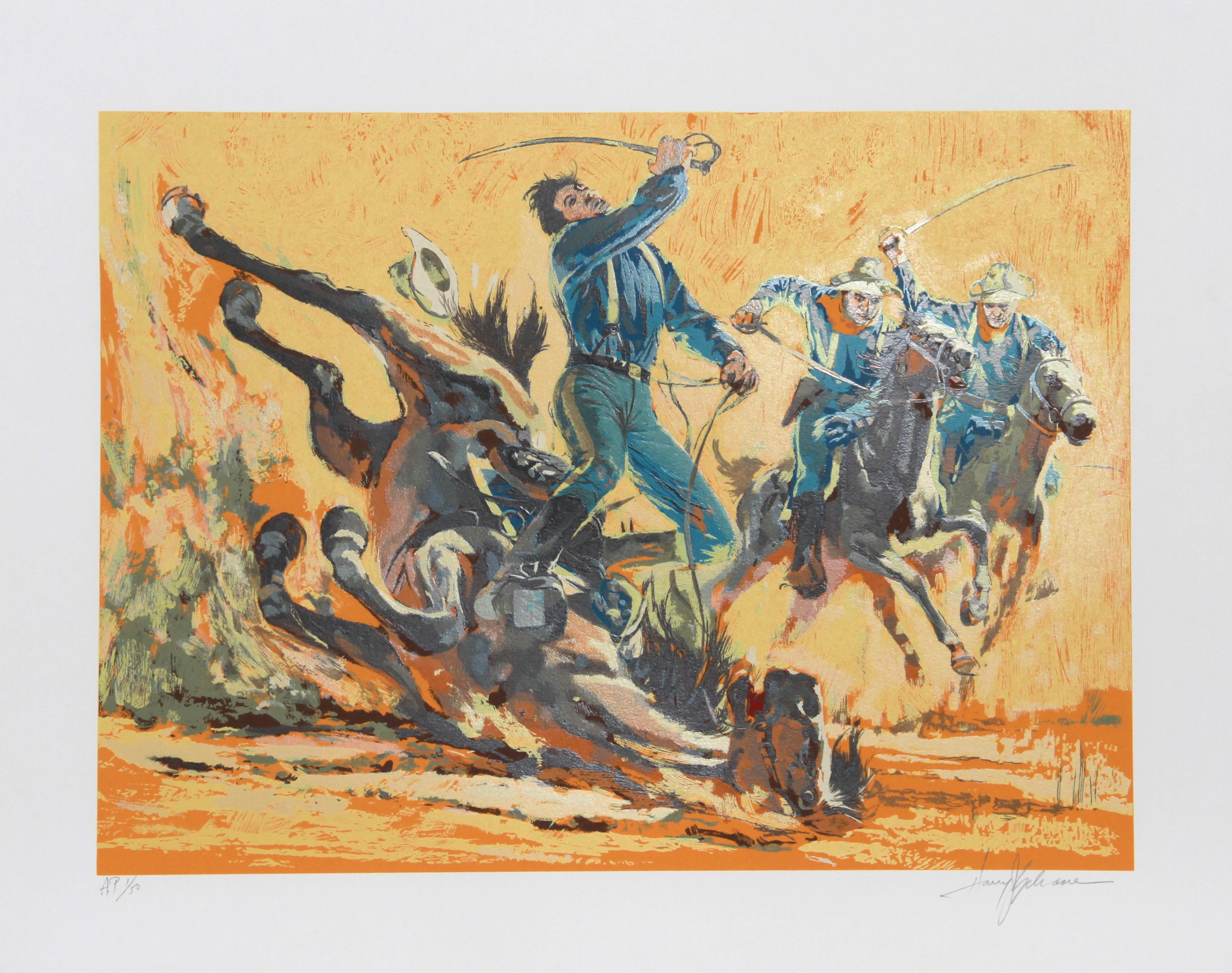 Charge de cavalerie
Harry Schaare, Américain (1922-2008)
Date : 1979
Sérigraphie, signée et numérotée au crayon.
Édition de l'AP 50
Taille de l'image : 17 x 23 pouces
Taille : 58,42 cm x 73,66 cm (23 in. x 29 in.)