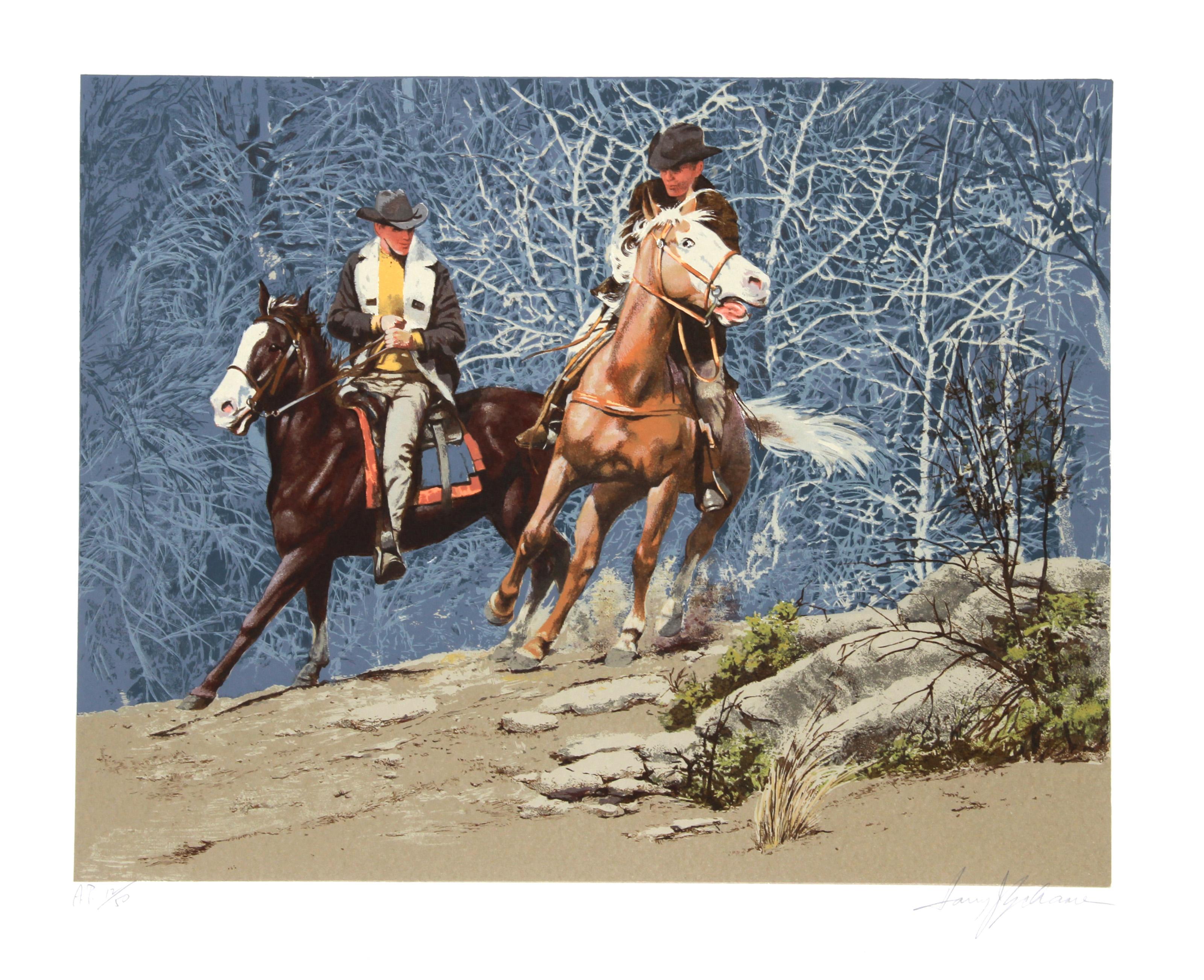 Carreras de vaqueros, litografía realista americana de Harry Schaare