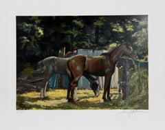 Hora de comer, litografía realista americana de Harry Schaare