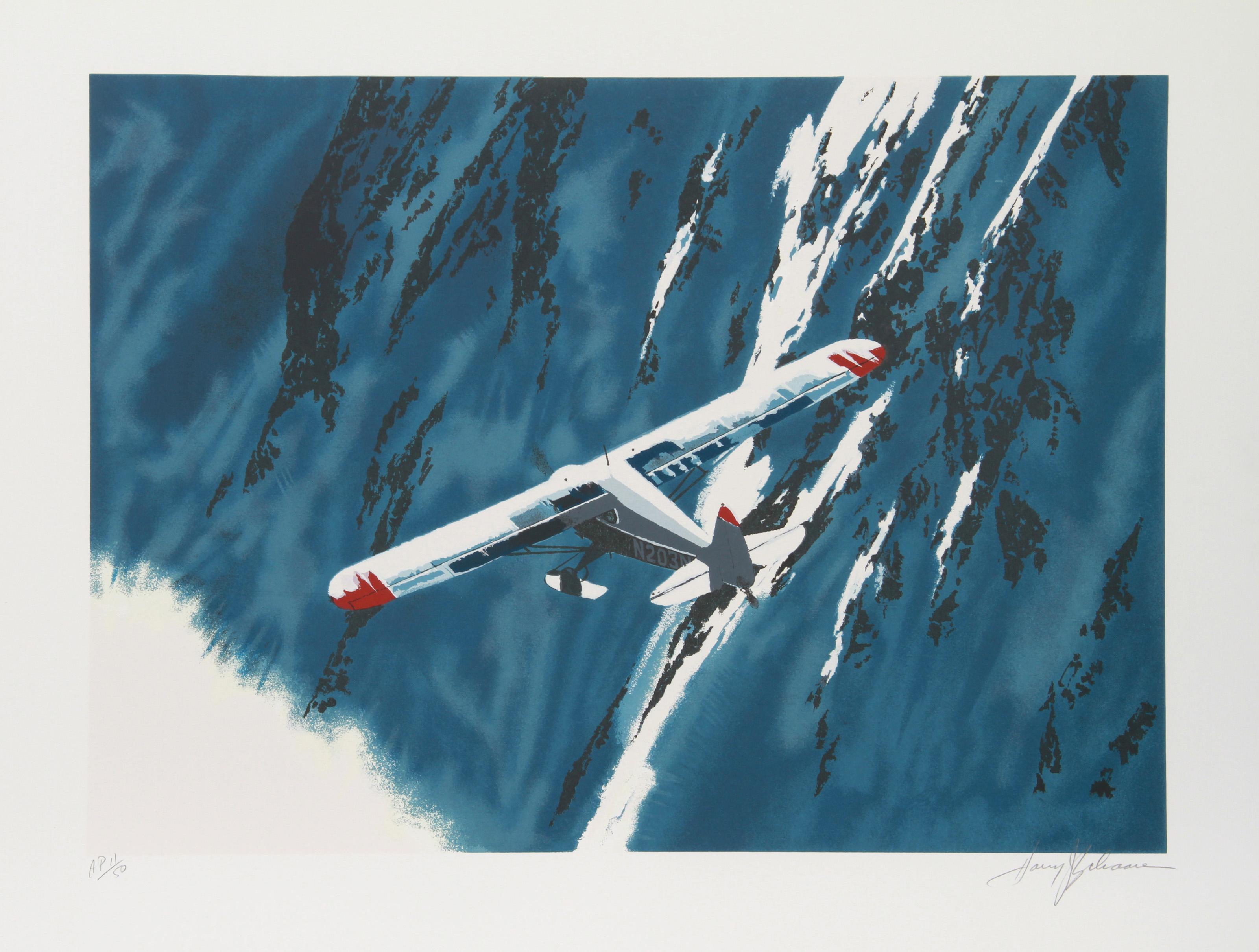 Primera montaña volando, litografía realista americana de Harry Schaare