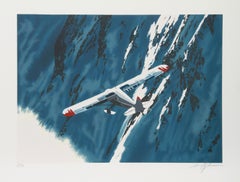 Primera montaña volando, litografía realista americana de Harry Schaare
