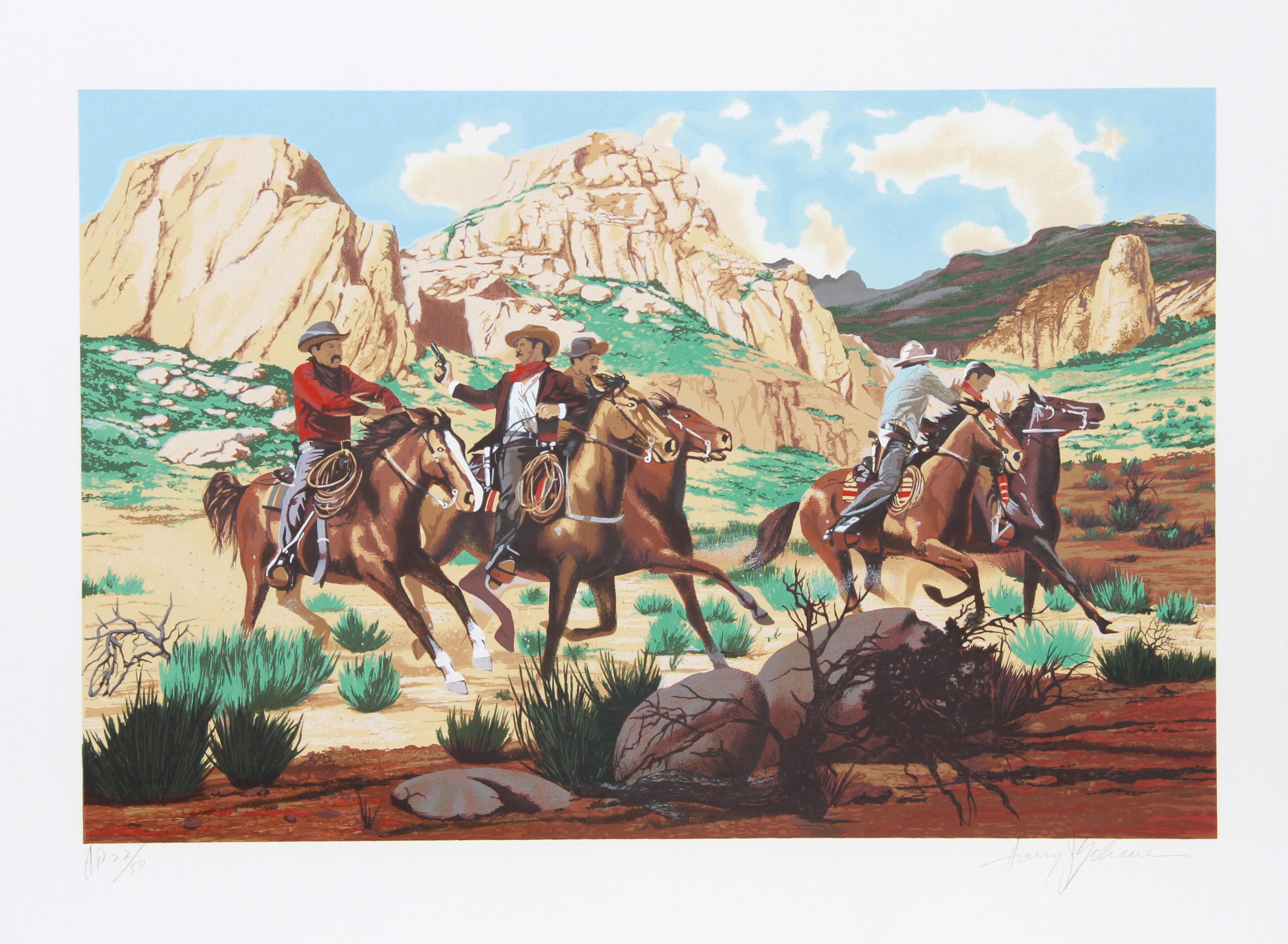 La huida, litografía realista americana de Harry Schaare