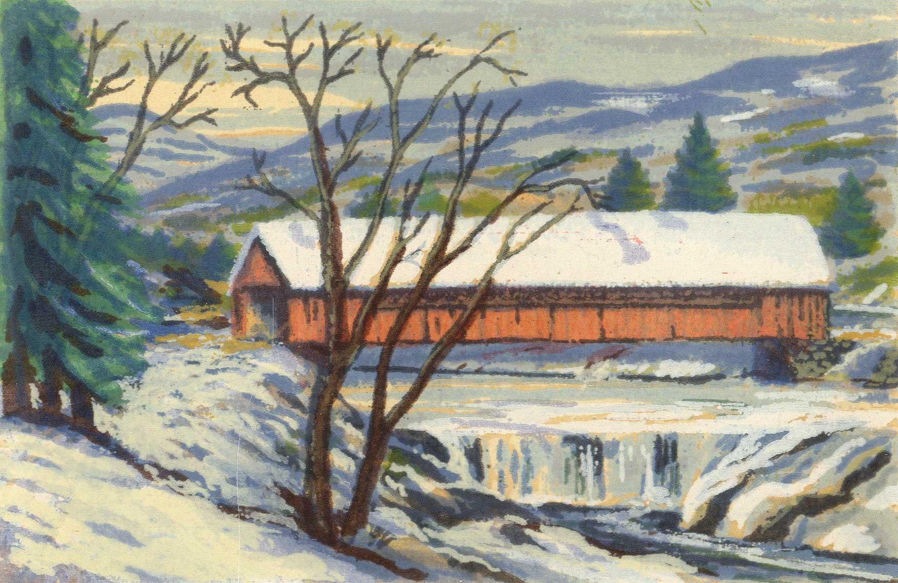 Harry Shokler Landscape Print - Covered Bridge (South Londonderry, Vermont Bridge across the West River)