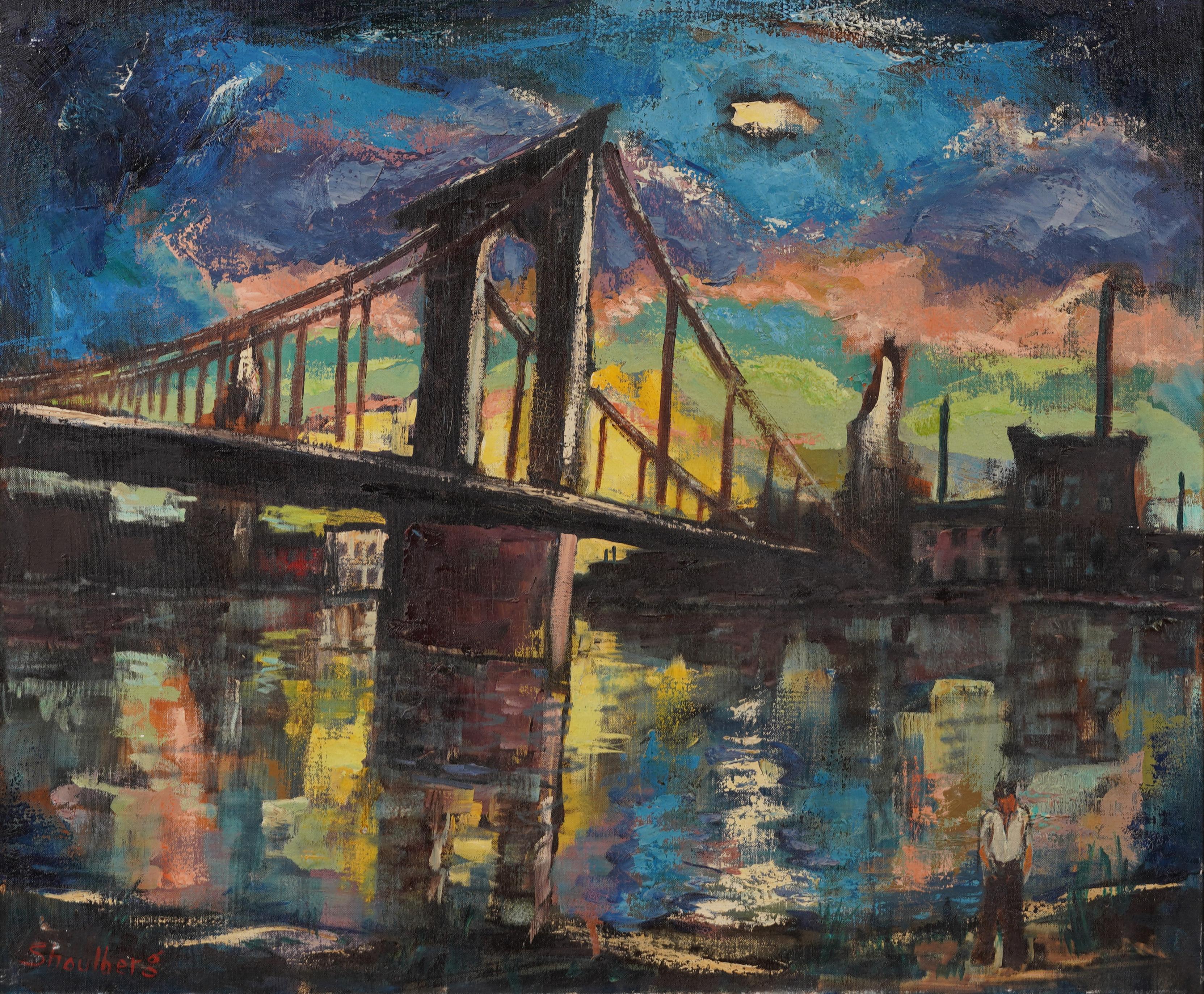 Antiguo Cuadro Modernista Americano Paisaje de Nueva York Puente de Brooklyn Nocturno - Painting Moderno de Harry Shoulberg