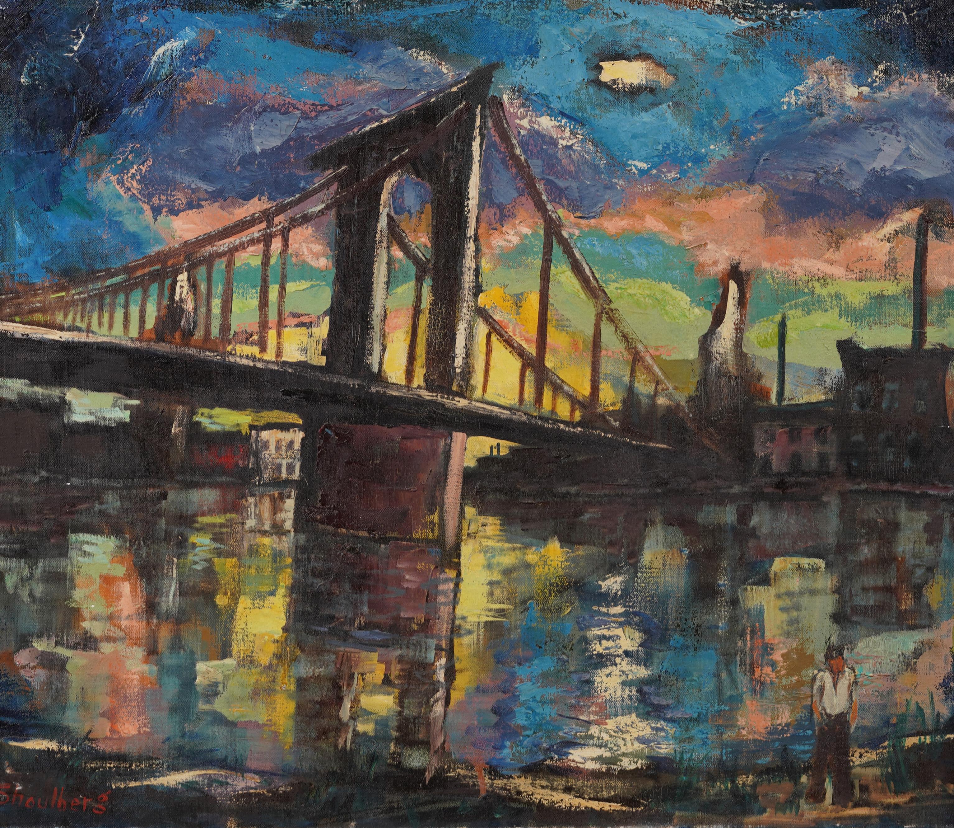 Antiguo Cuadro Modernista Americano Paisaje de Nueva York Puente de Brooklyn Nocturno - Abstract Painting Negro de Harry Shoulberg