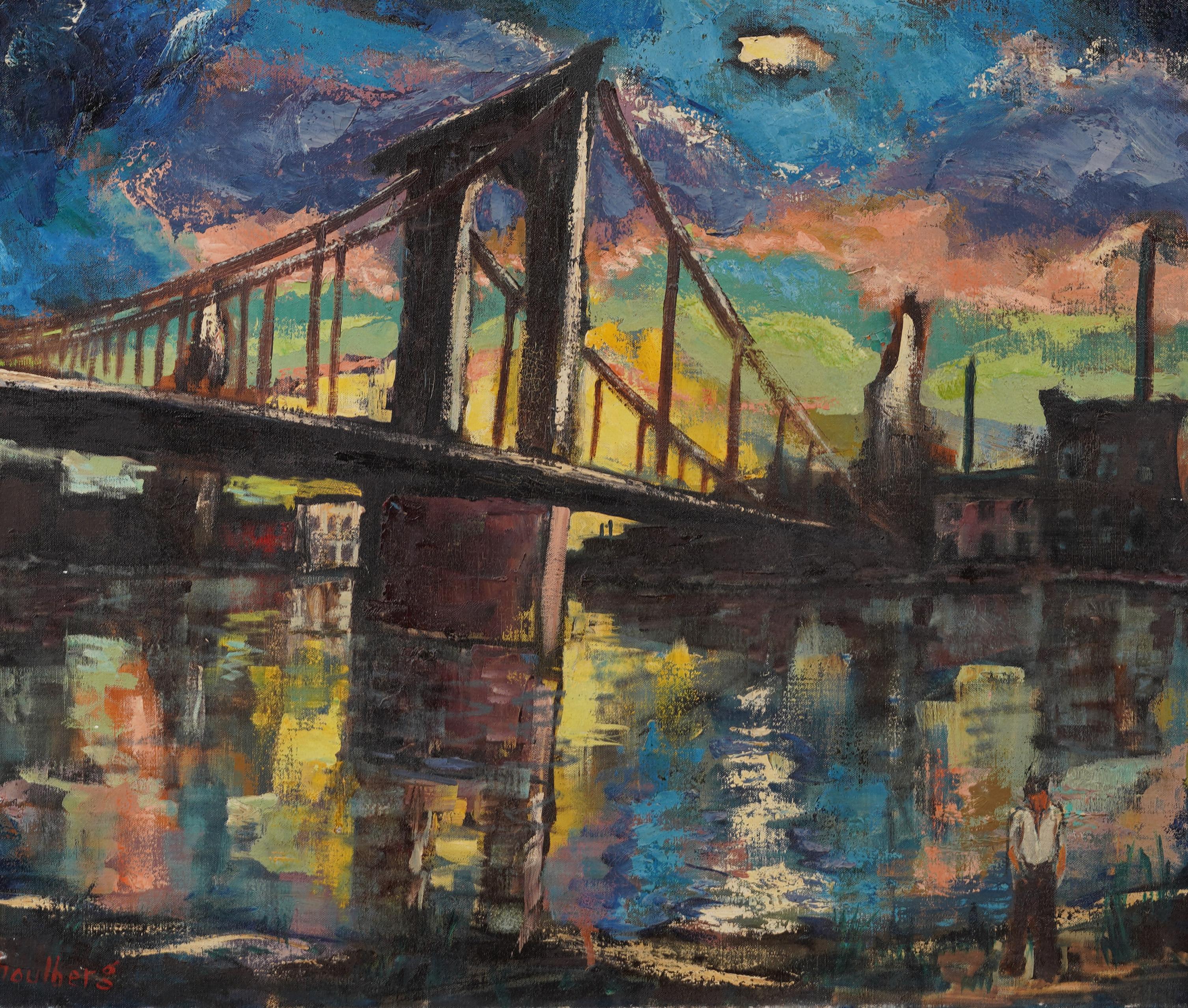 Impresionante vista nocturna modernista americana temprana del puente de Brooklyn.    Enmarcado.  Óleo sobre lienzo.  Firmado.  Tamaño de la imagen, 25H por 30L.