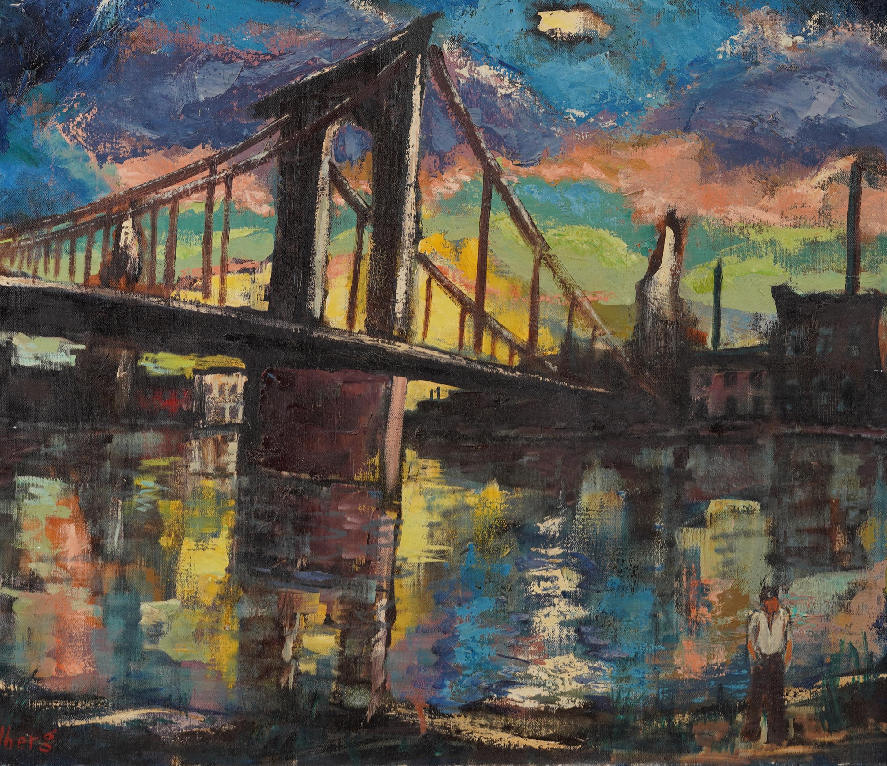 Antiguo Cuadro Modernista Americano Paisaje de Nueva York Puente de Brooklyn Nocturno 1