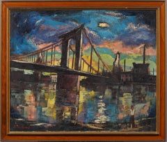 Antiguo Cuadro Modernista Americano Paisaje de Nueva York Puente de Brooklyn Nocturno