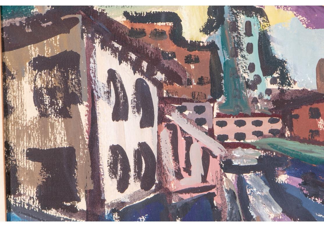 Signed lower right. Exhibition label on verso: Member, National Society of Painters in Casein Annual Exhibition. A colorful modern expressionist street scene with a few figures walking on the sidewalk. 
sight 14 3/4 x 19 1/4