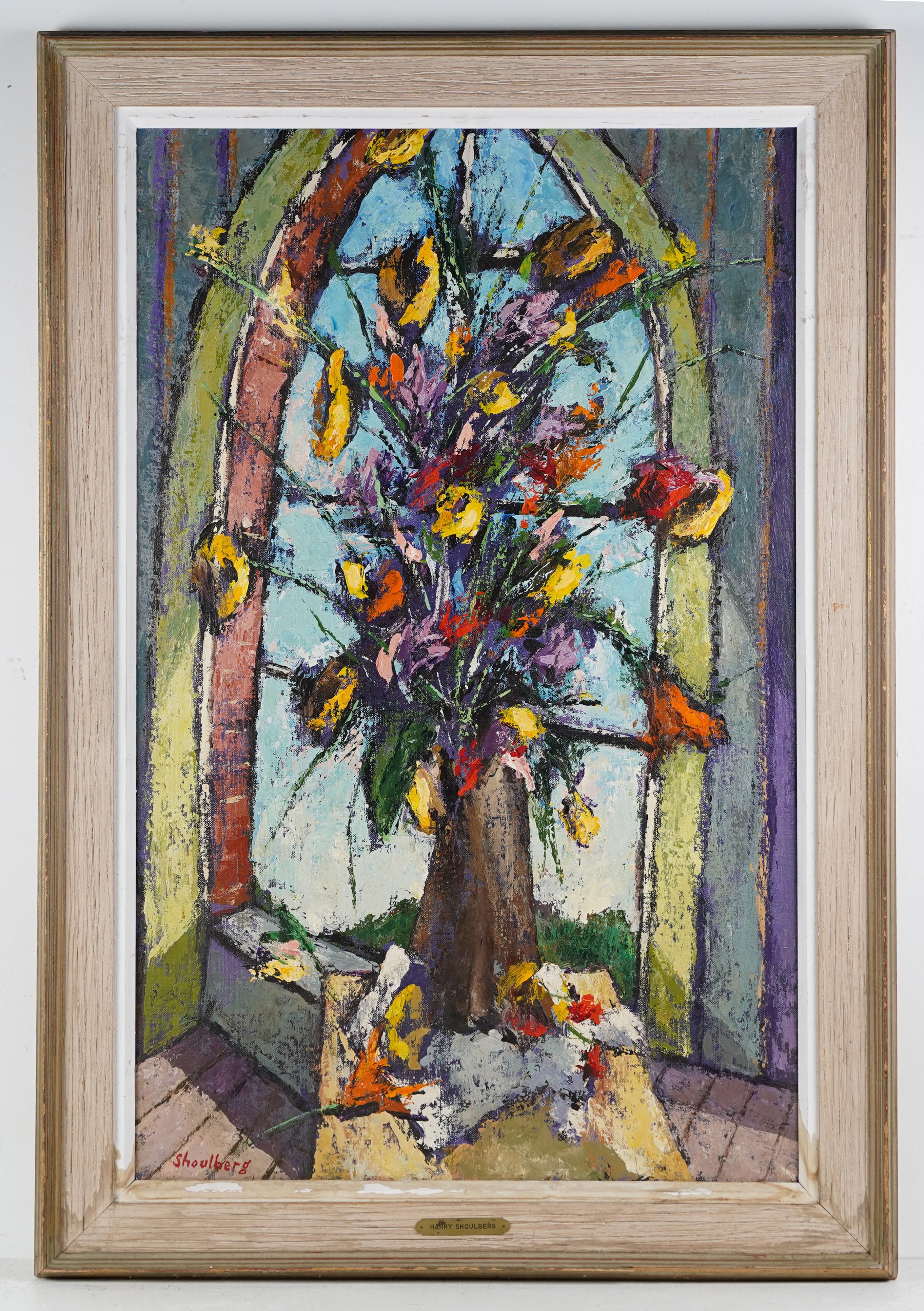 Gran bodegón modernista americano de flores Pintura al óleo enmarcada - Painting de Harry Shoulberg