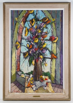 Gran bodegón modernista americano de flores Pintura al óleo enmarcada