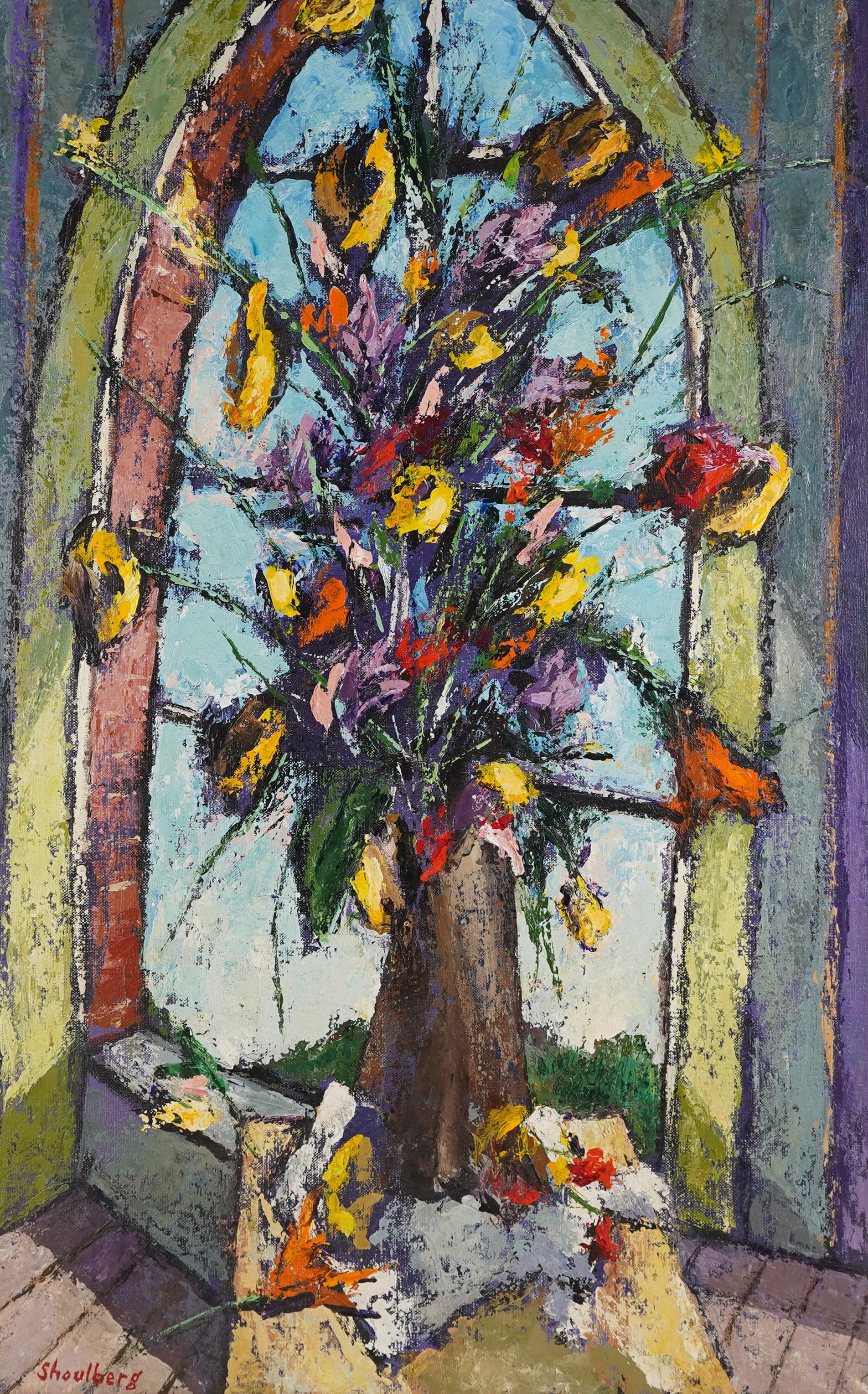 Gran bodegón modernista americano de flores Pintura al óleo enmarcada - Painting Moderno de Harry Shoulberg