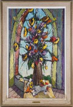 Large American Modernist Flower Still Life Framed Oil Painting