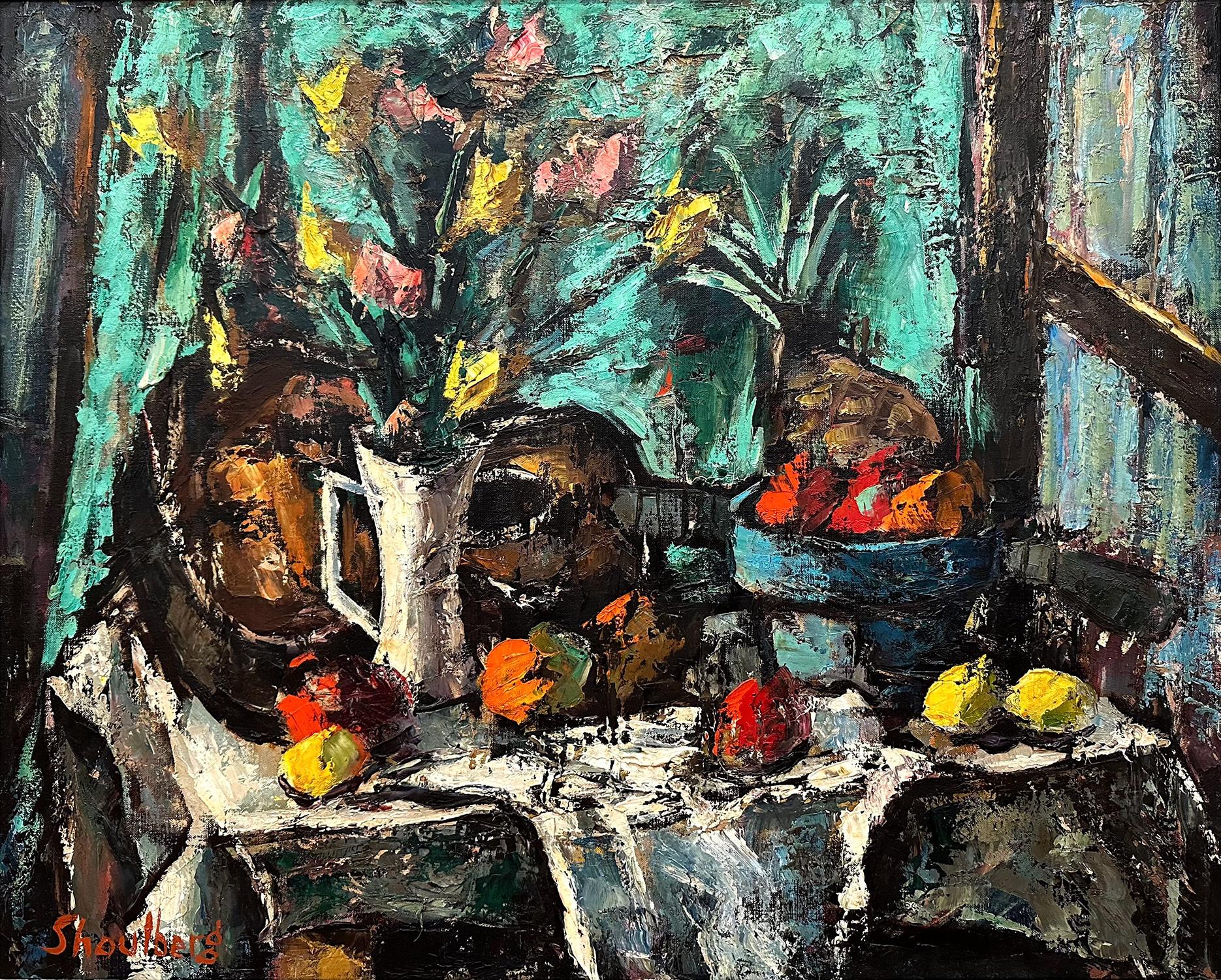 A strong modernist oil painting depicted in the mid Century by American expressionist painter Harry Shoulberg. Mostly known for his abstracted figures on canvas or street scenes, this piece is a wonderful representation of his bold still life