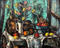 "Bodegón con guitarra" Pintura al óleo moderna de mediados de siglo con frutas y guitarra