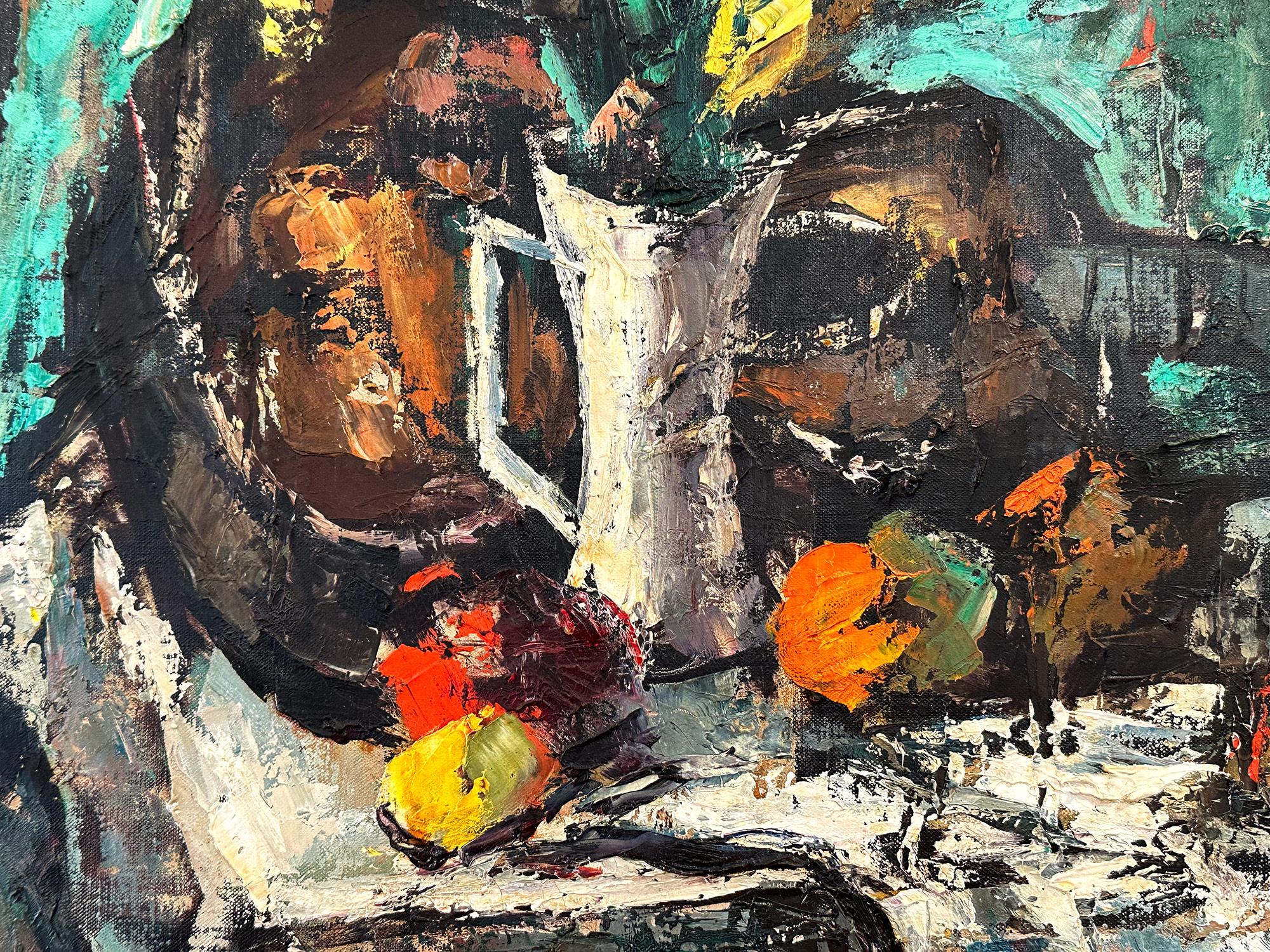 „Stillleben mit Gitarre“ Modernes Ölgemälde mit Früchten und Gitarre aus der Mitte des Jahrhunderts (Expressionismus), Painting, von Harry Shoulberg