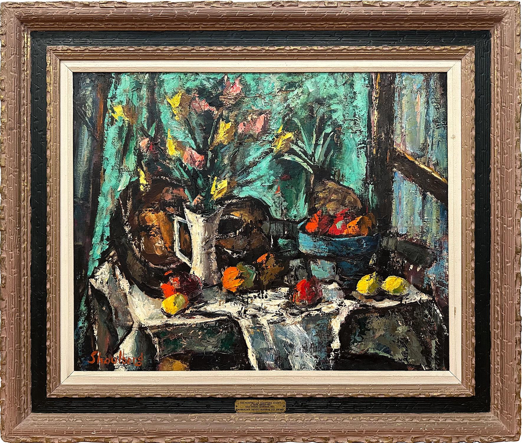 Still-Life Painting Harry Shoulberg - "Nature morte à la guitare" Peinture à l'huile moderne du milieu du siècle avec fruits et guitare
